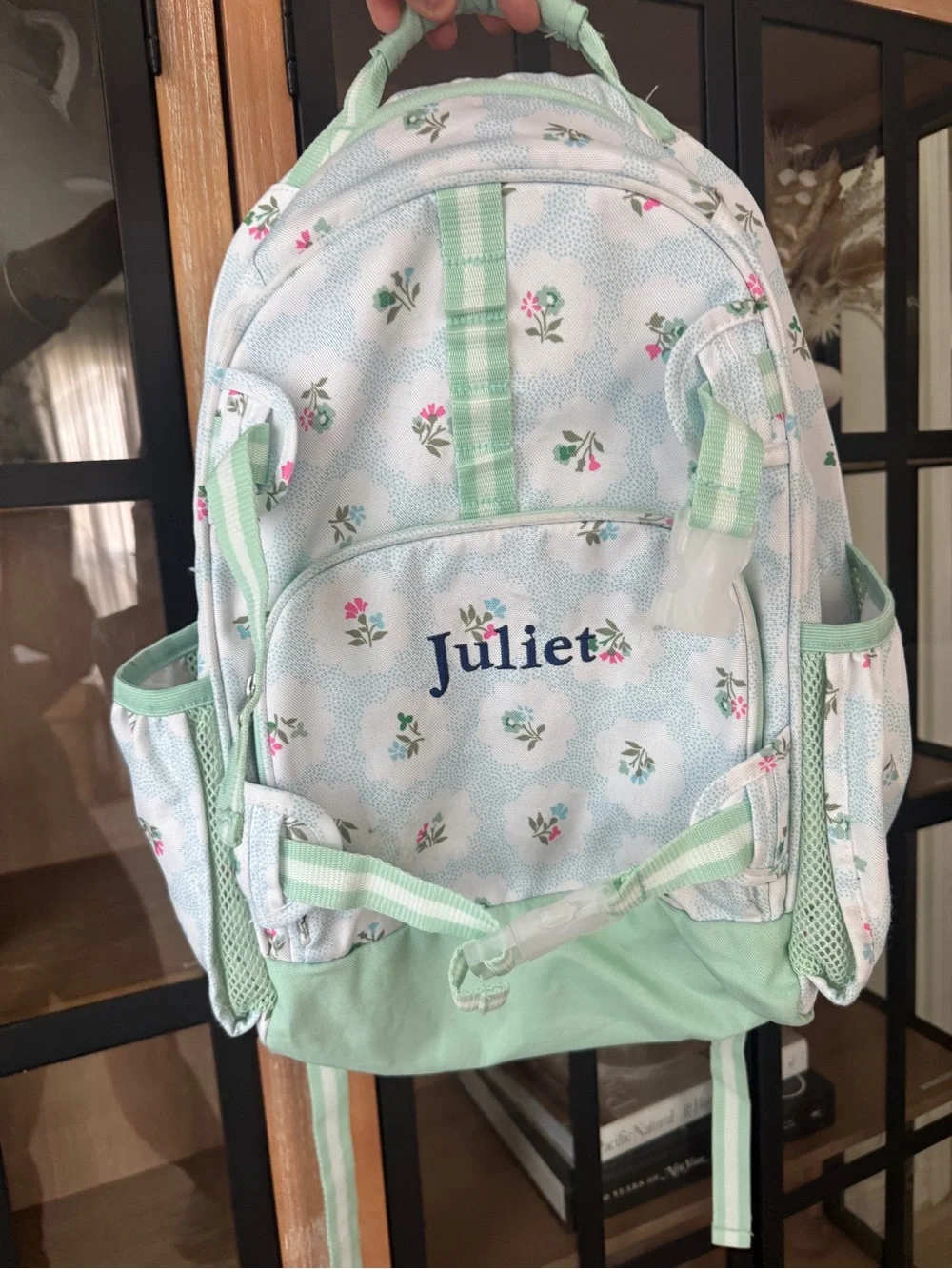 Juliet Pottery Barn Kids backpack floral block print mint pastel flowers large